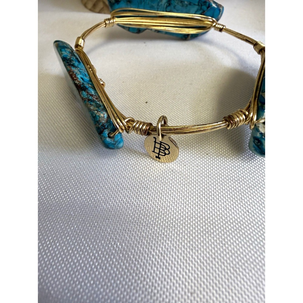Gold Tone Wire Bangle Bracelet w/ 3 stone slabs, Bourbon & Boweties